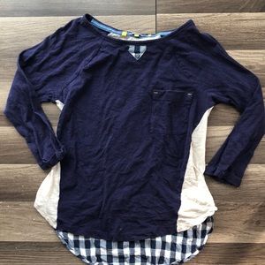 Anthro little blue button color block plaid 3/4 sleeve top Women’s medium